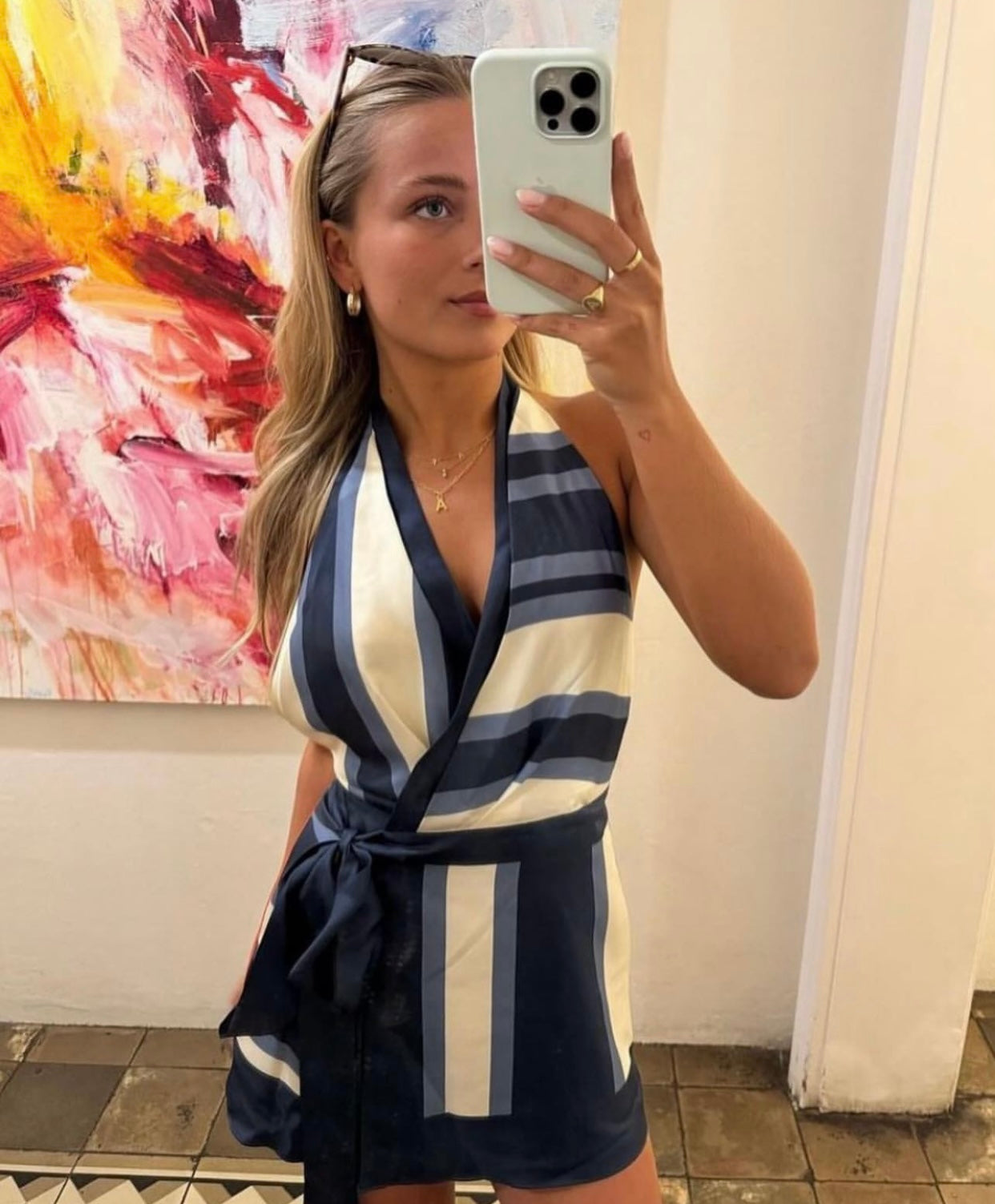 SIR Dazed Wrap Halter Mini Dress | Blue Stripe Studio Print