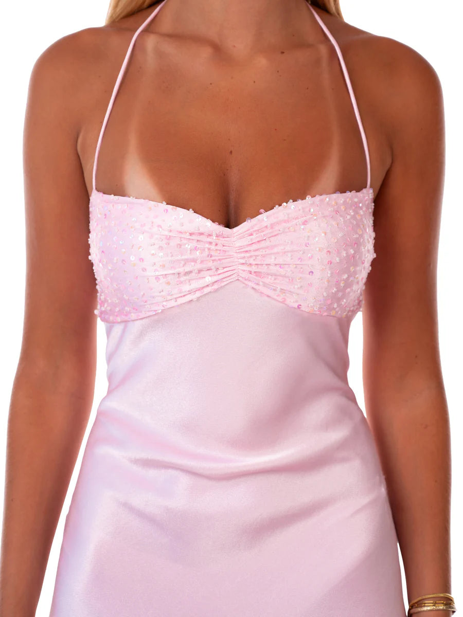 I Am Delilah Jade Maxi Hire in Quartz. Size M. Baby pink with a rhinestone embellished, ruched bust. Local Perth Dress Hire, or Sydney & Gold Coast Rentals with Fast Shipping & Simple Returns.