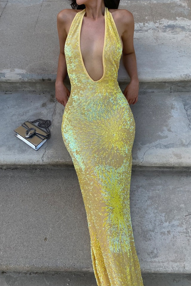 natalie rolt yellow sequin dress Natalie Rolt Dress Hire - Delilah Gown