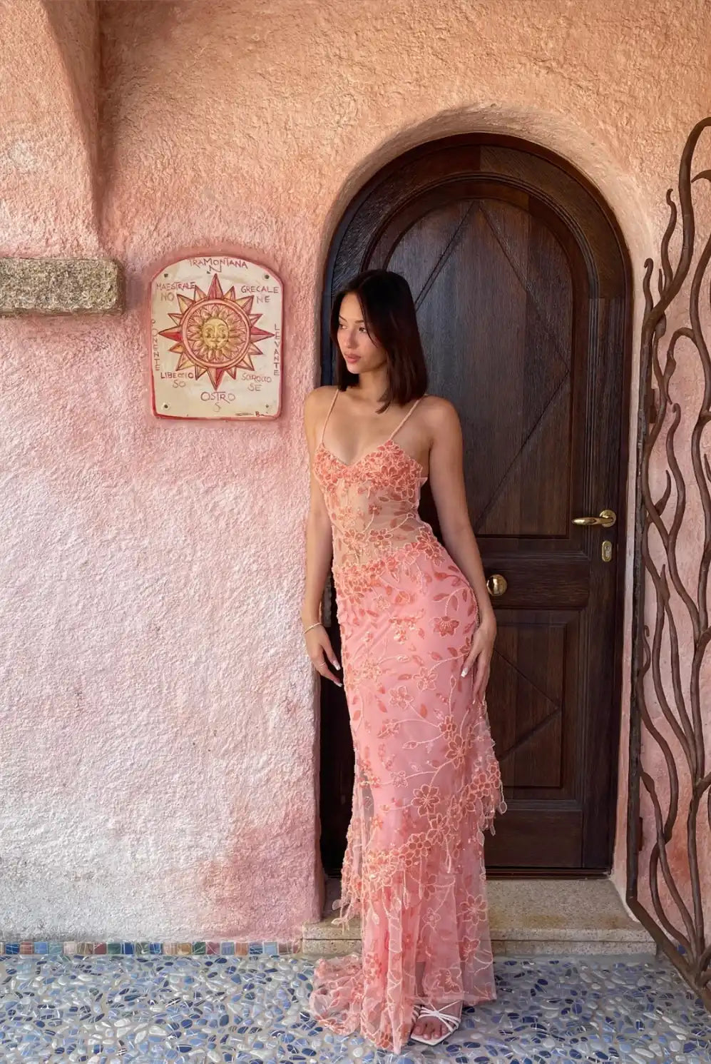 Delilah Beaded Maxi in Pink. Dress by the Cha Cha Collective. Romantic, sheer lace designer rental front view.