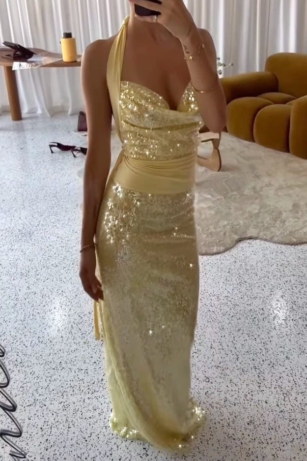 Deconduarte Lilou Dress Hire in Baby Yellow - Image of the dress in its Halter Style. Perth Dress Hire, with Local Try-Ons and Collections.