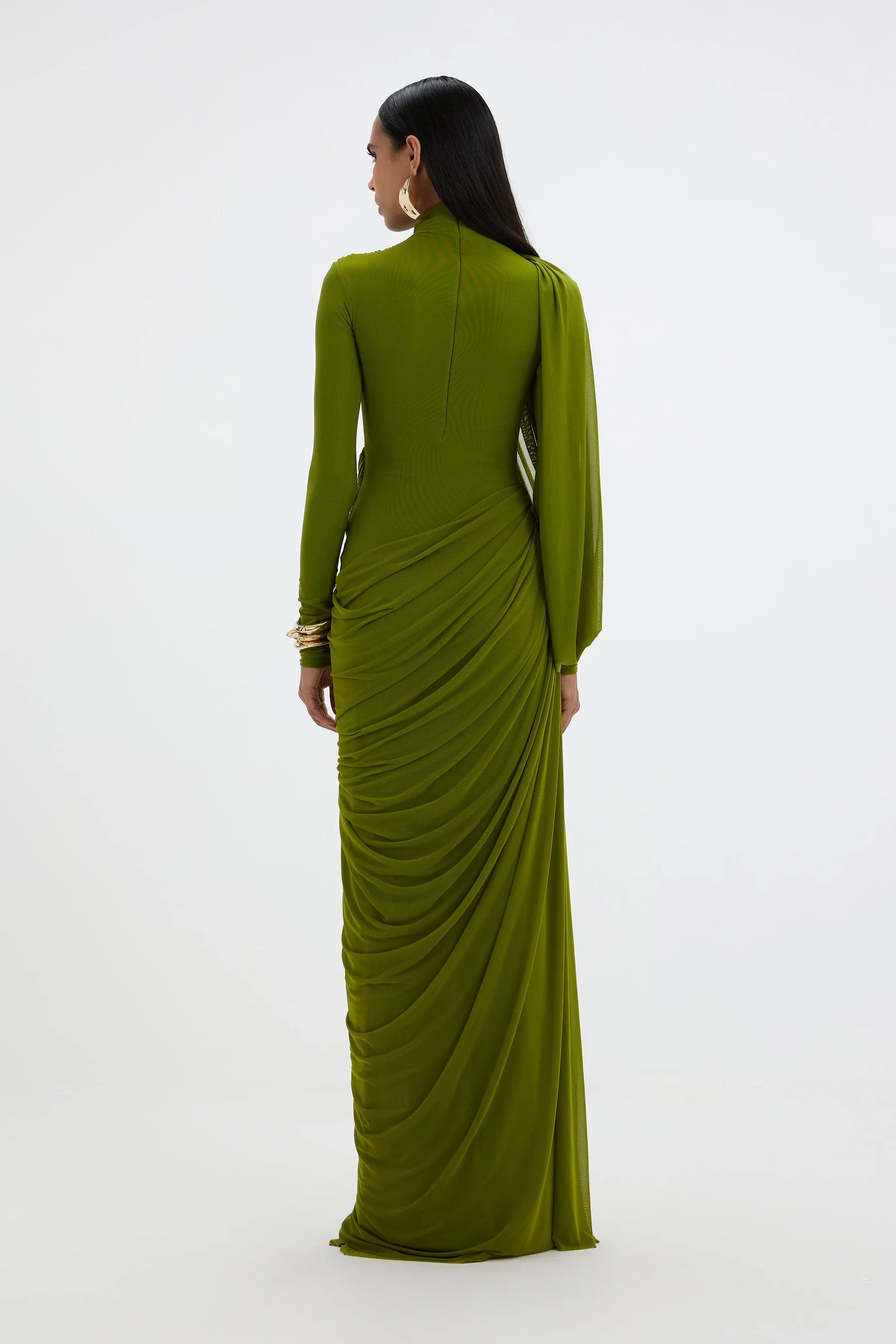 Back of Deme by Gabriella Suzie Gown in Green. Unique long-sleeve gown worn by bridesmaid Gigi Hadid. Available to hire Australia-wide with Express Delivery & Returns Made Simple.