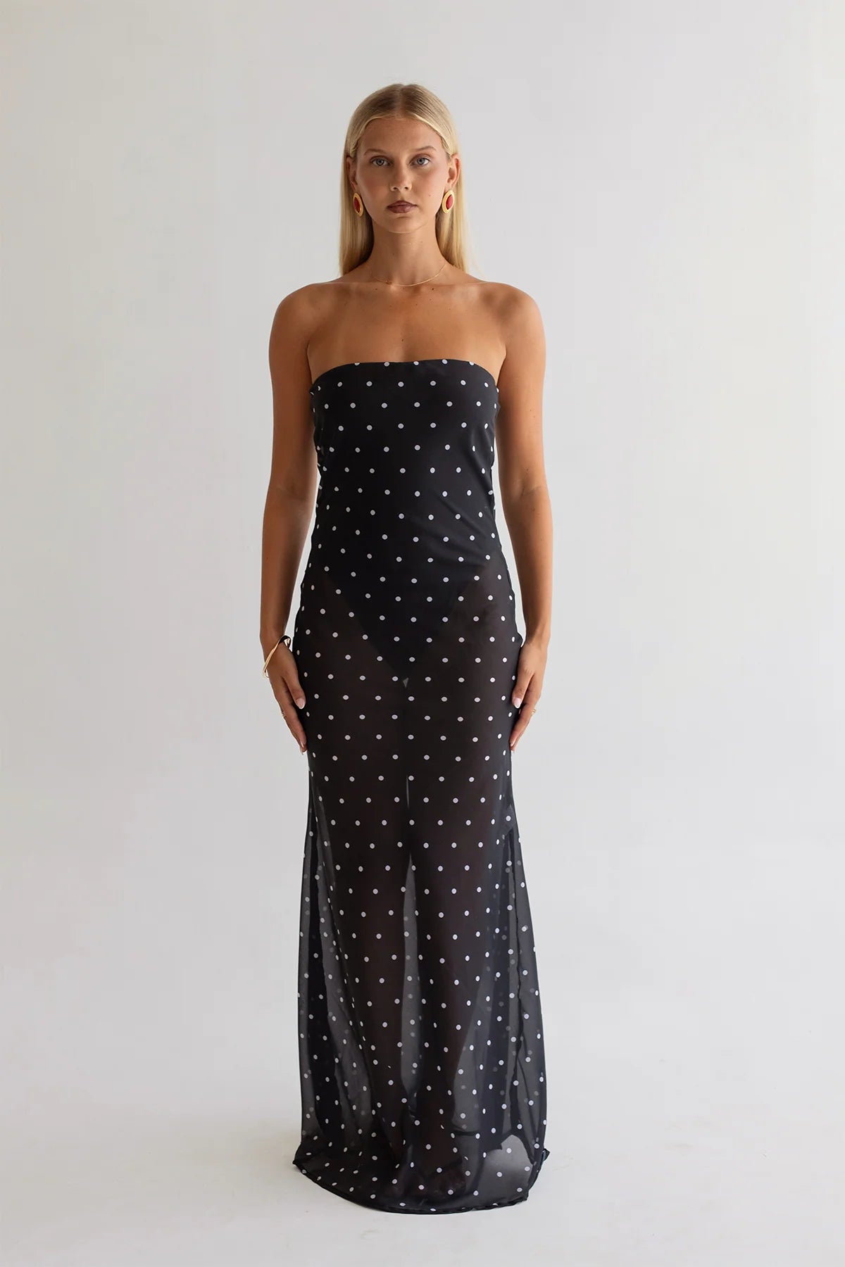 Alessia Maxi Dress - Black chiffon, sheer dress with white polka dots. Hire Hntr (Hunter) the Label Dress Hire.