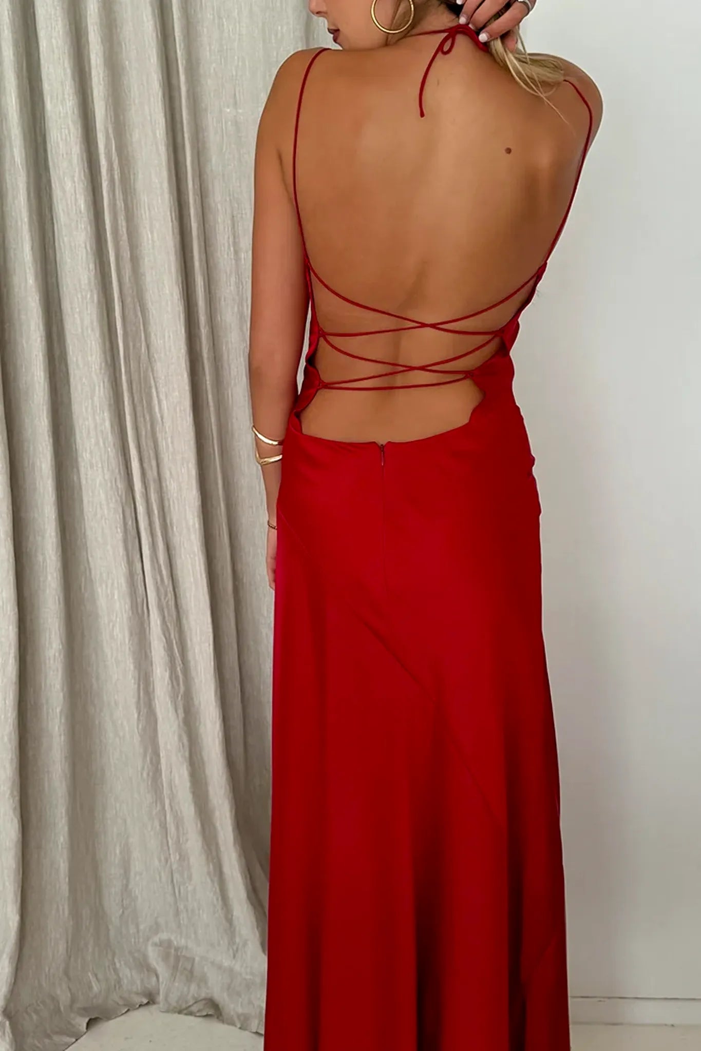 Back image of backless Hntr the Label Alix Gown in Wine. Available for hire, with Cc Dress Hire.