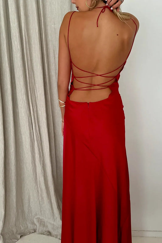Back image of backless Hntr the Label Alix Gown in Wine. Available for hire, with Cc Dress Hire.