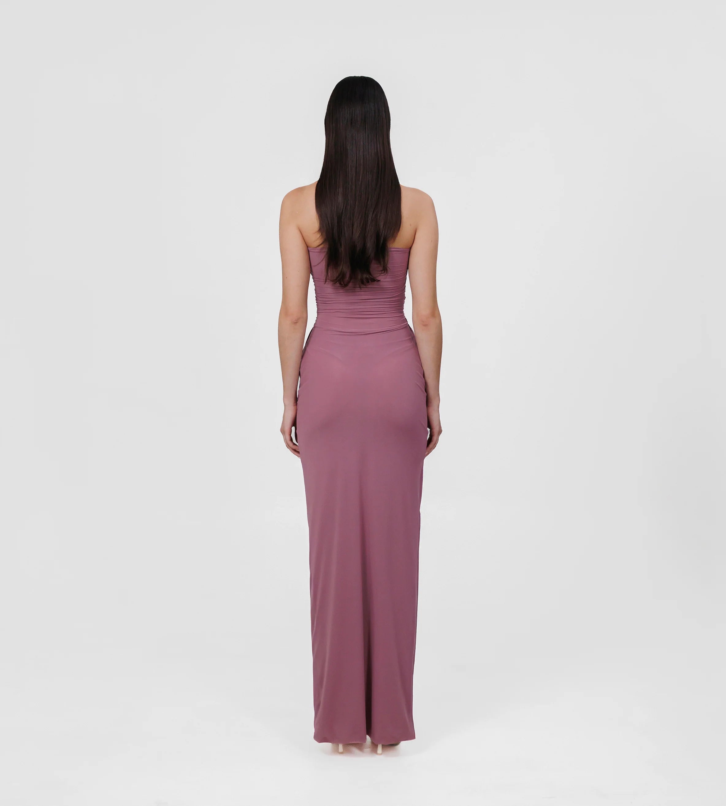 Maygel Coronel Dress Hire Perth - Image shows back of the Gorgonia Maxi. A unique, strapless, column maxi dress with a built-in bodysuit. Rent now!