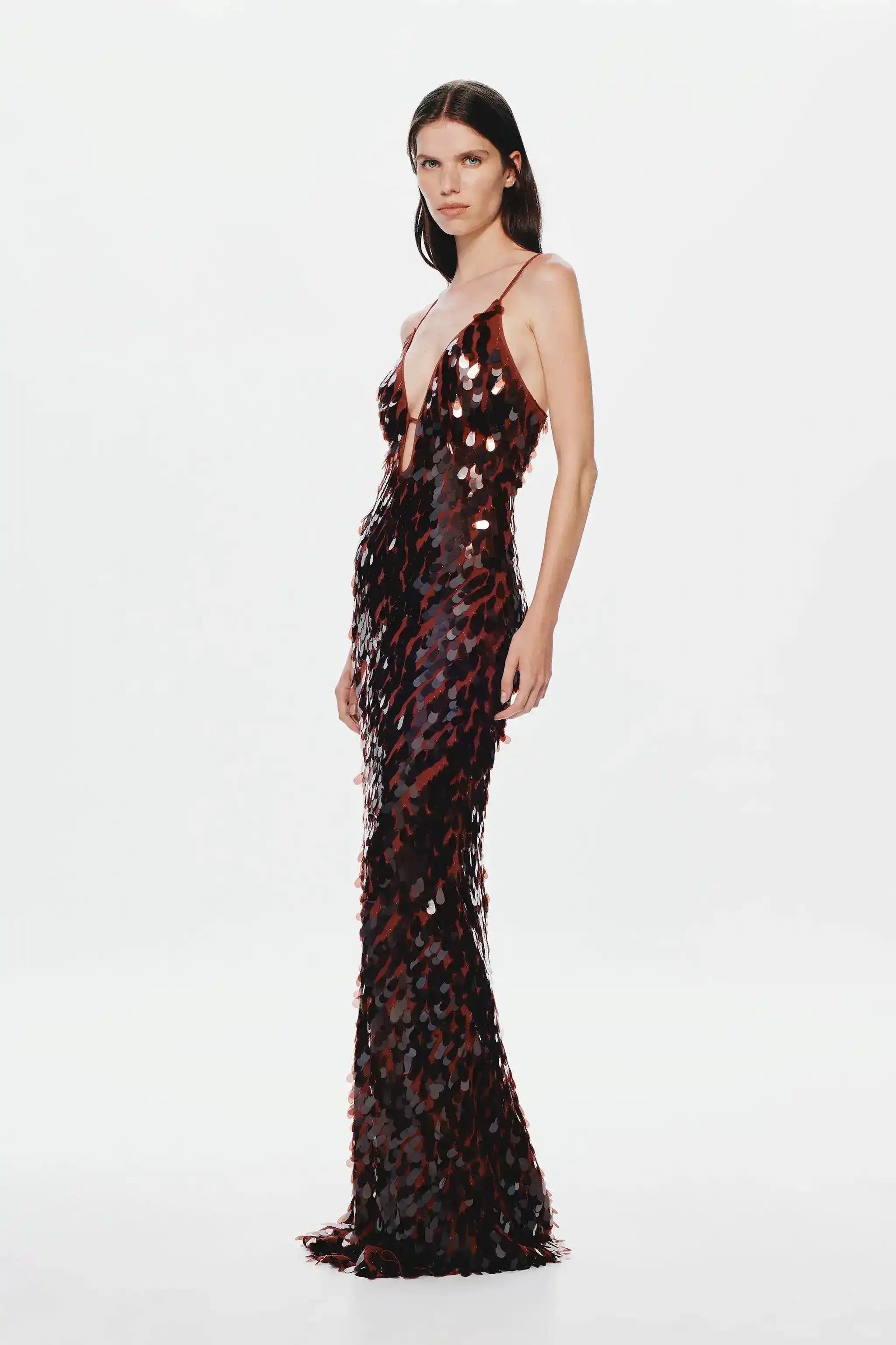 A high-clarity, multi-dimensional, sequin maxi-dress in Fig by Misha. Available for hire, with a reliable Australia-wide Express Delivery/Easy Returns Service.