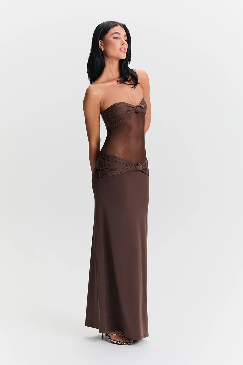 Hire the Sasha Therese Amara Maxi Dress in Brown. A gorgeous full-length, strapless dress with a sheer-mesh bodice. A Prompt Shipping & Simple Returns Service for Sydney & Gold Coast Dress Hire. Book now.