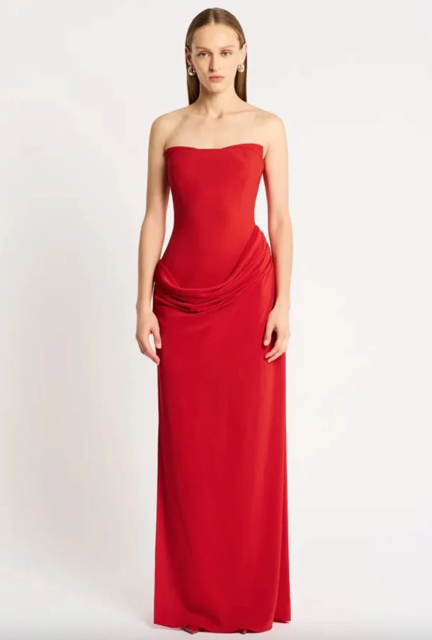 Sass & Bide Dress Hire! The Kahlo Dress in gorgeous Scarlet Red - Stunning strapless corset bodice, with an asymmetrical, cowl-draped full-length skirt.