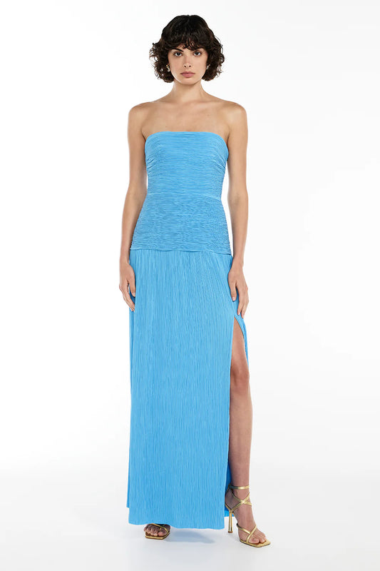 Double Time Pleat Strapless Dress Blue