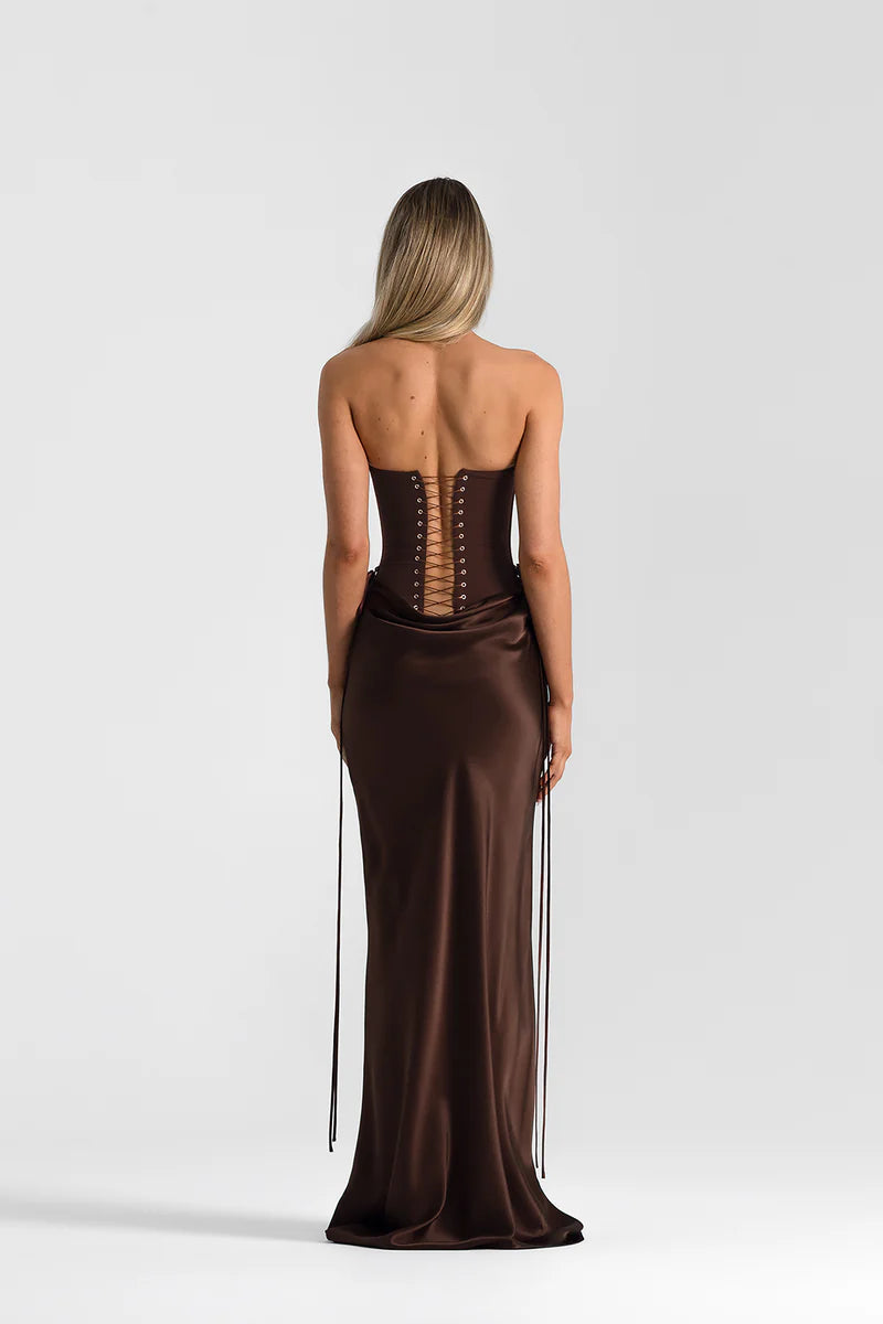 Back image of Natalie Rolt Verity + Evelyn Full Set Hire in Brown Espresso. Sydney and Melbourne Dress Hires with Fast Delivery, Next Day Dispatch and a Simple Returns Service. Secure your date today!