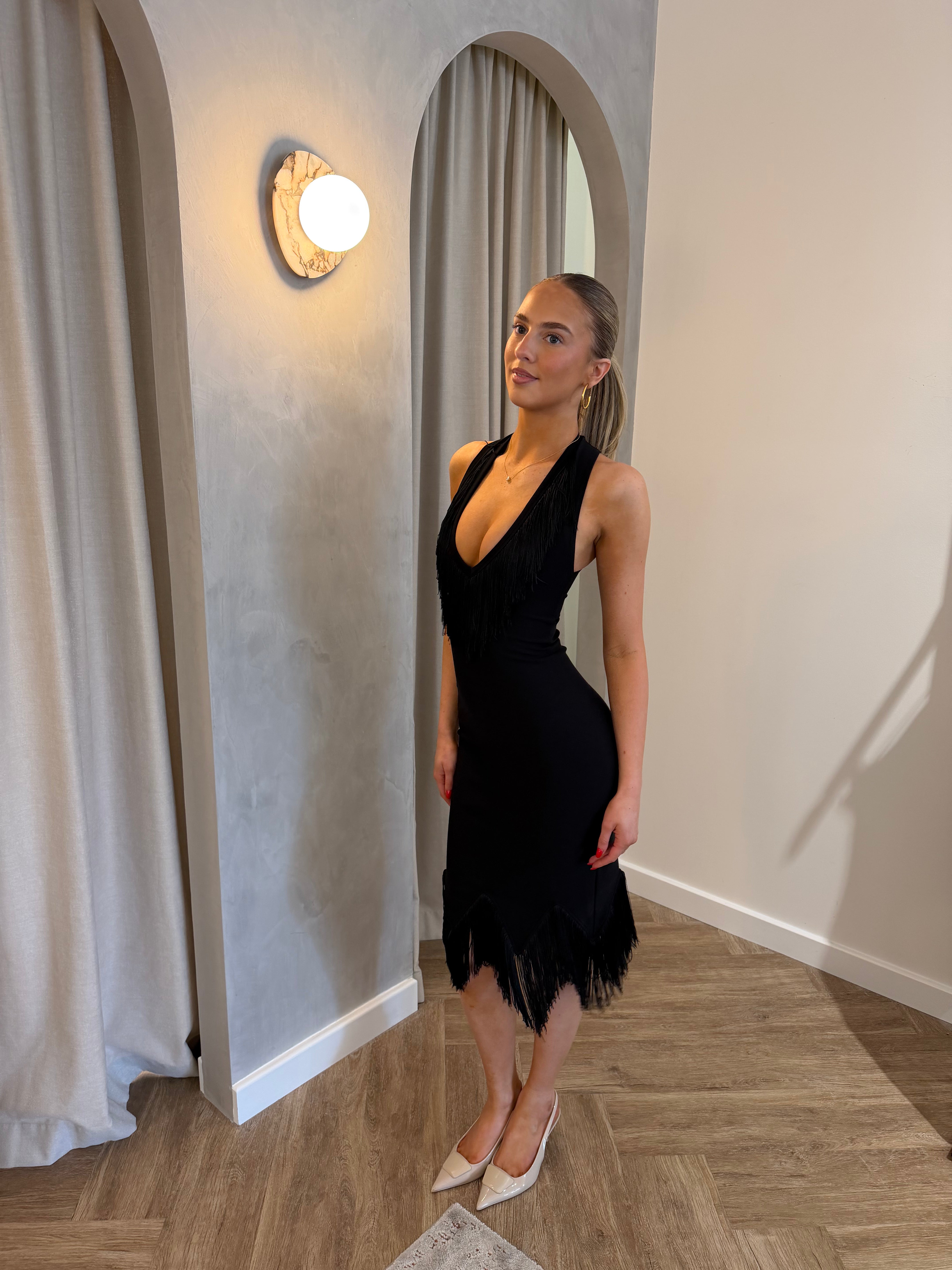 By Ellen With Love Fringe Plunge Midi | Black