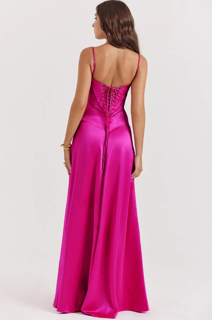 House of CB Anabella Lace Up Satin Dress | Fuchsia