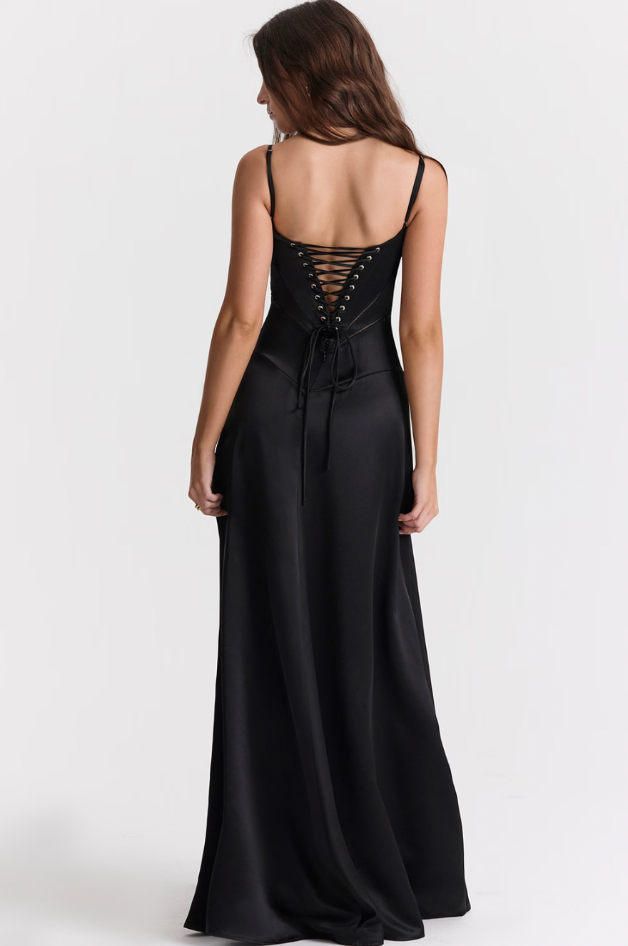 House of CB Anabella Lace Up Satin Dress | Black