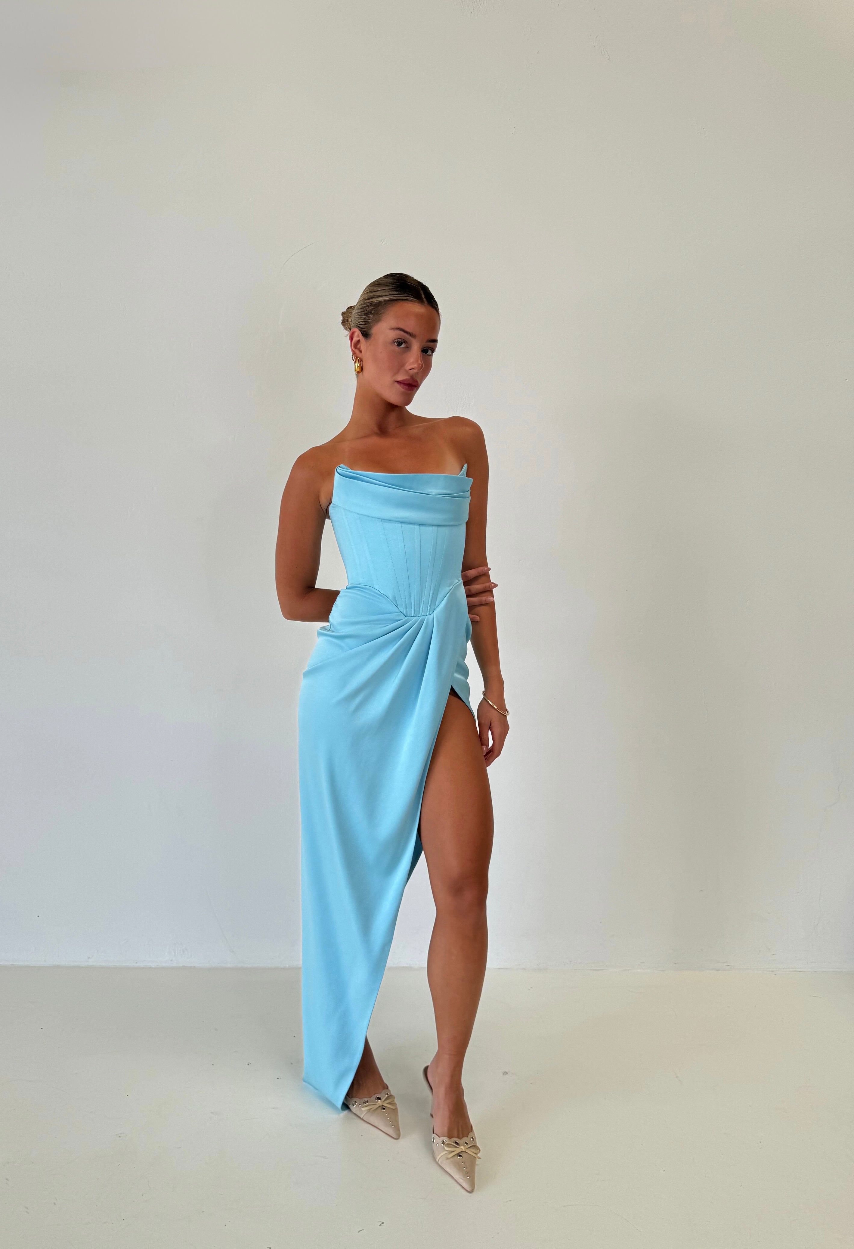 Alex Perry Harland Satin Draped Corset Gown | Blue