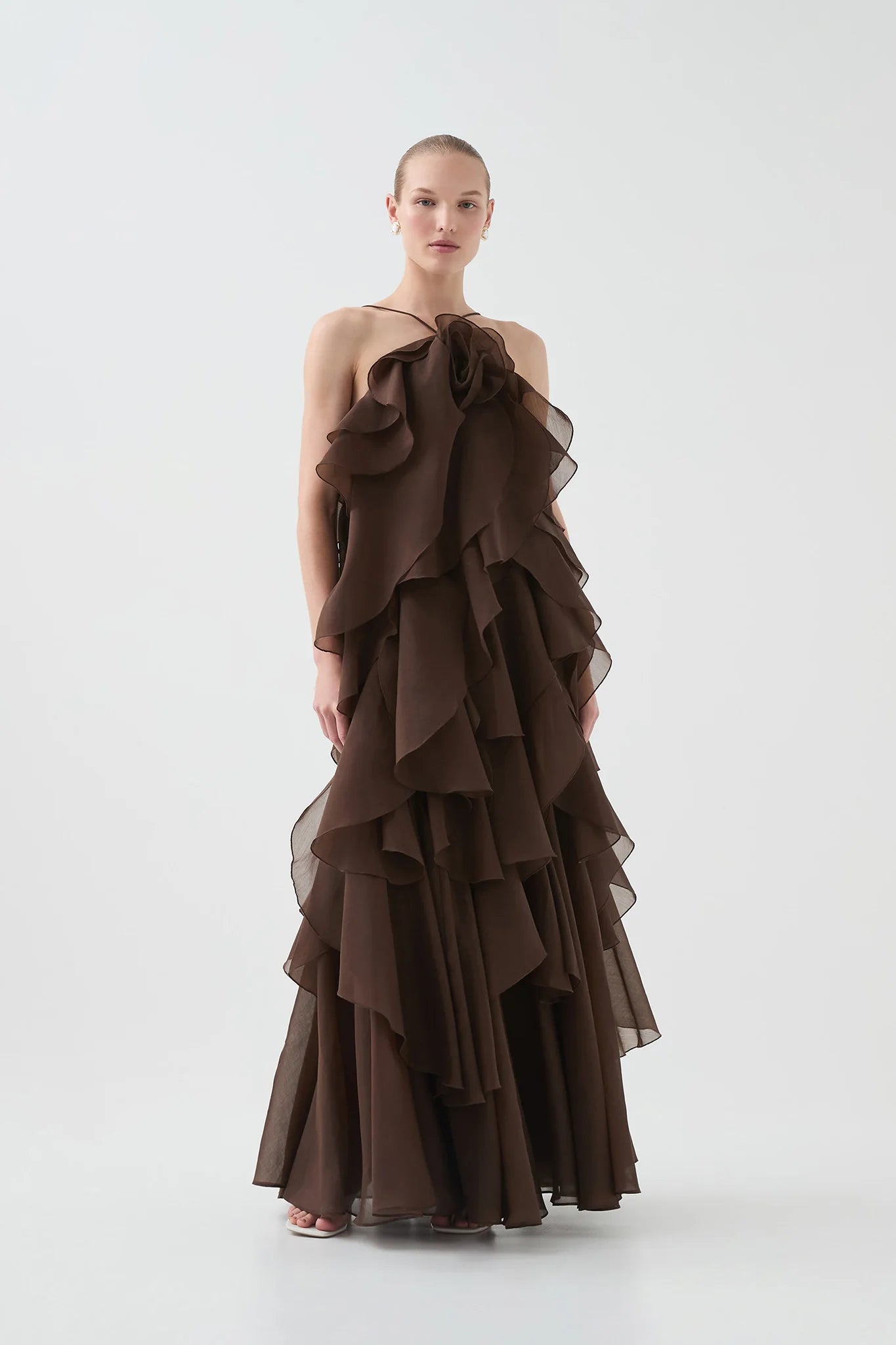 Aje Maxi Dress Hire - Pandorea ruffled maxi-dress in Brown. Local Perth Try-ons and Collections available.