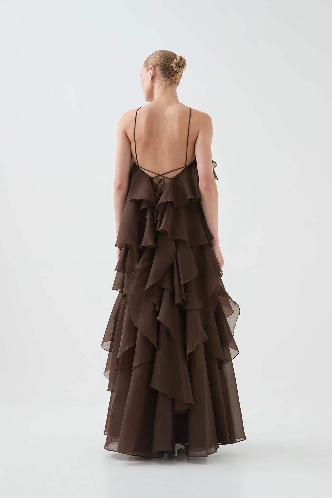 Hire the Aje Pandorea Layered Maxi Dress in Carob (Brown). A gorgeous, ruffled maxi-dress with a low-back - perfect formal and semi-casual daytime events.  