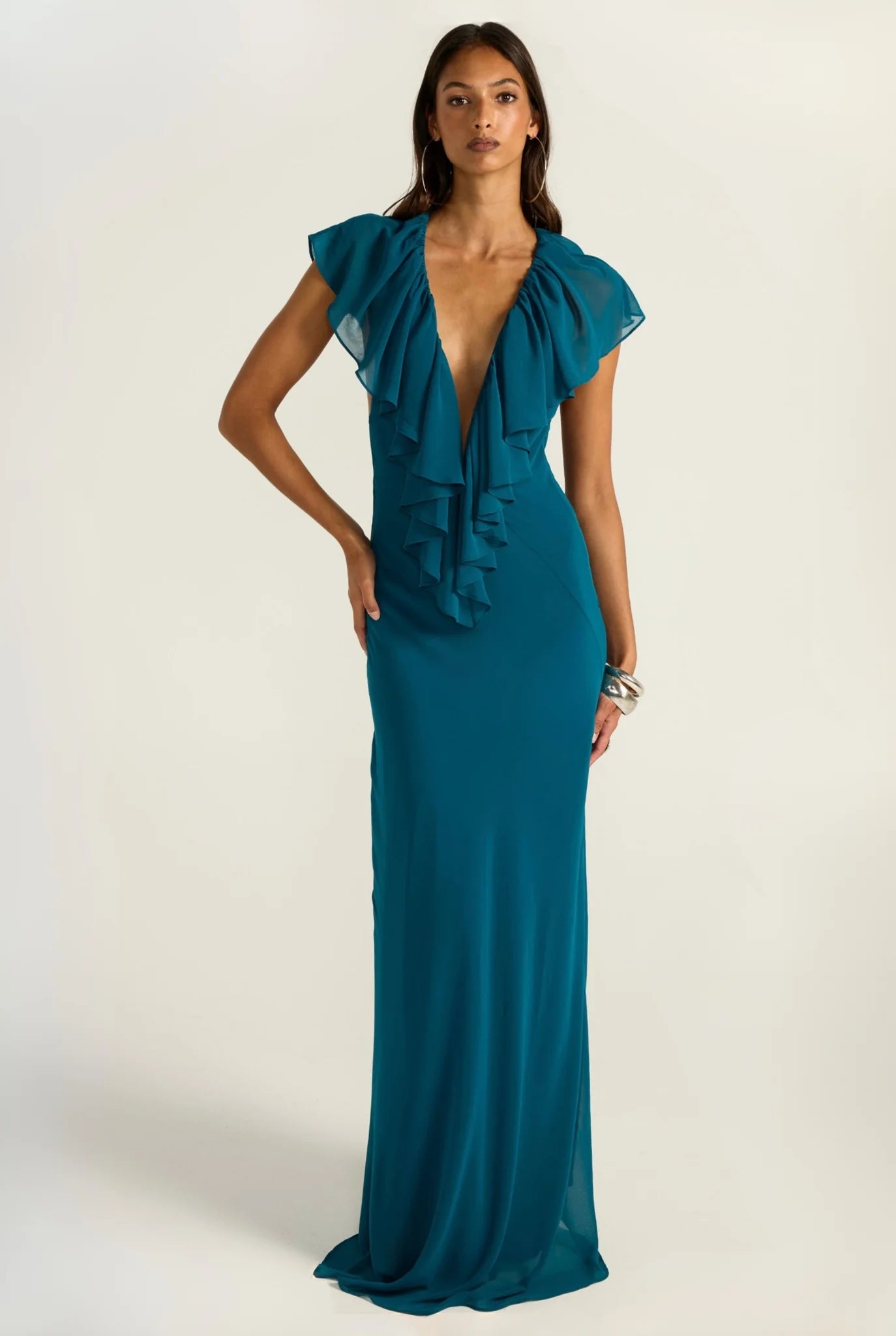 Ance Gria Clover Gown in Teal - Gorgeous emerald floor-length dress with a plunging frill-framed neckline. Book now with Express Delivery & Simple Returns across Australia.