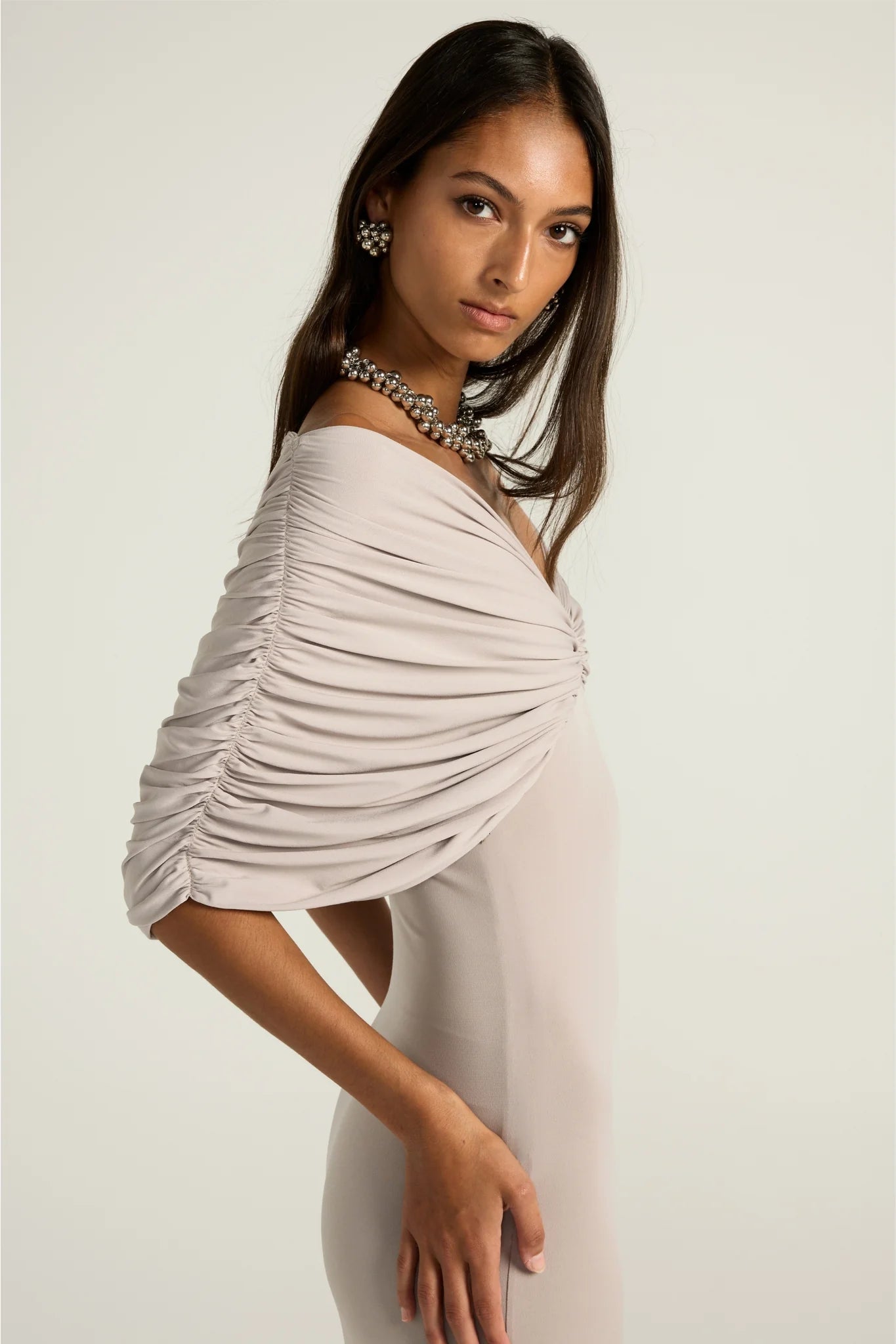Hire the Ance Gria Neve Dress in Silver Grey - A unique maxi-length dress that's perfect for Awards Nights, Uni Balls, Best & Fairest & more. Enjoy Fast Shipping Returns Made Simple, Australia-wide.