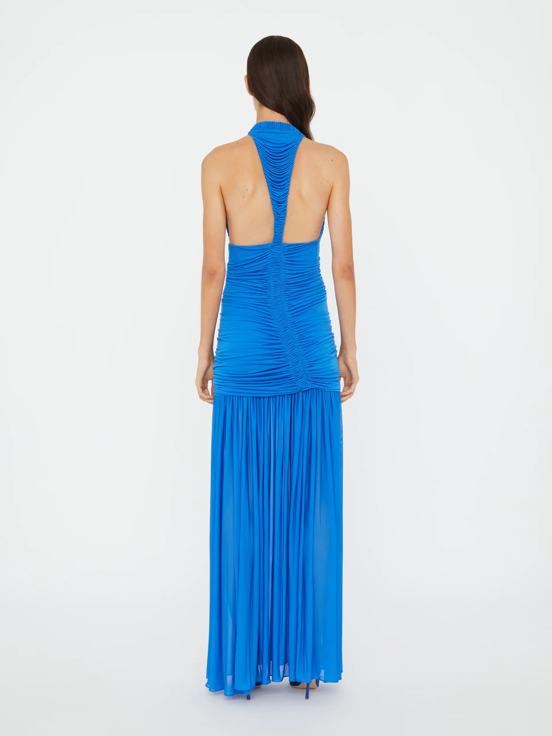 Blue designer gown, with unique back. Rent today. Australia-wide!