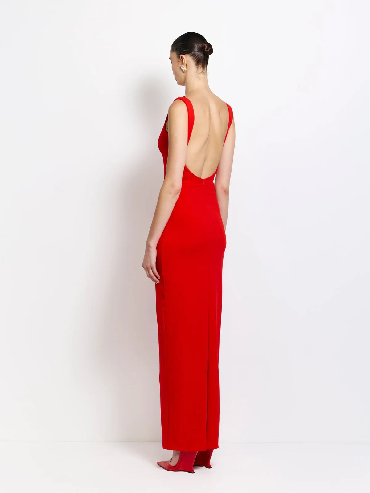Back image of image of the straight high-neckline Effie Kats Verona Gown in Cherry Red. Local Perth Try-Ons and Dress Hire Pickups available. Book now to secure your bookings & appointments. 