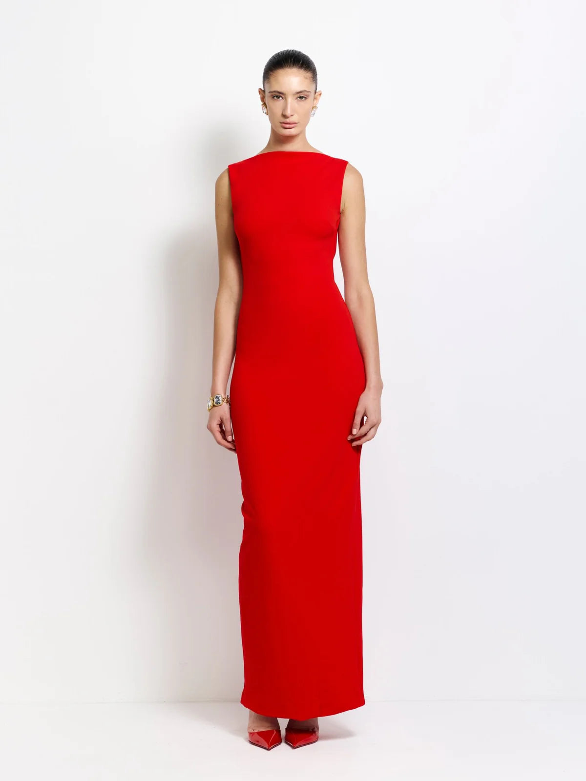 Effie Kats Verona Dress Hire in Cherry Red - High straight-neckline maxi-dress, with a low back. Sydney Dress Hire available with Express Delivery & Returns Made Simple.