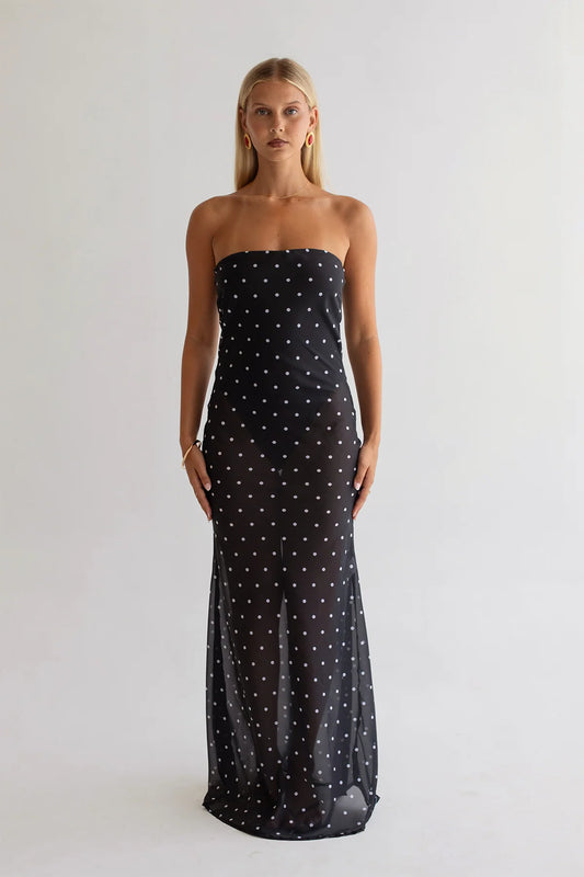 Alessia Maxi Dress - Black chiffon, sheer dress with white polka dots. Hire Hntr (Hunter) the Label Dress Hire. 