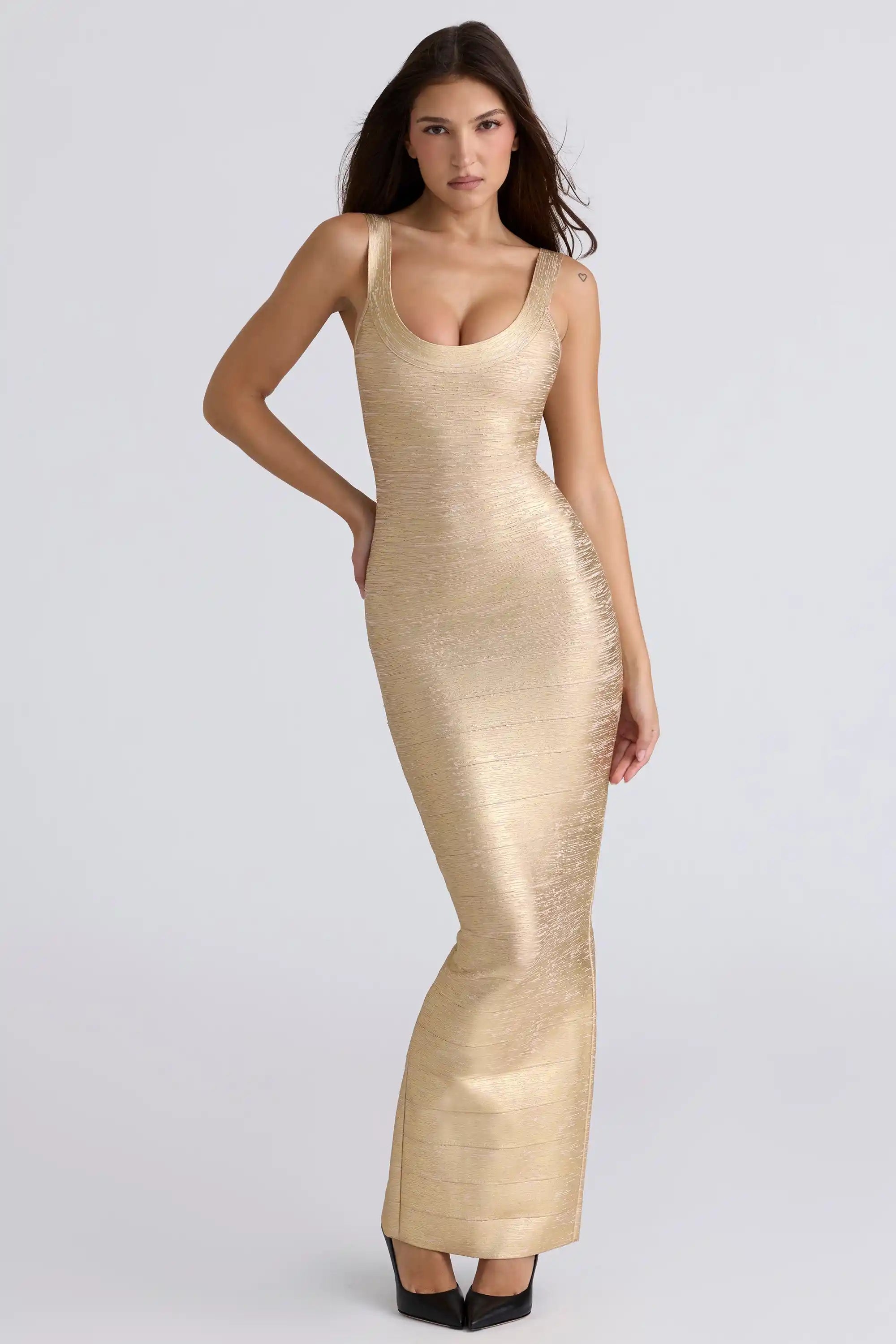 House of CB Dress Rental. Gold bandage maxi dress hire. THE OG. Metallic body gold. Perth same day loan or Australia-wide shipping. 