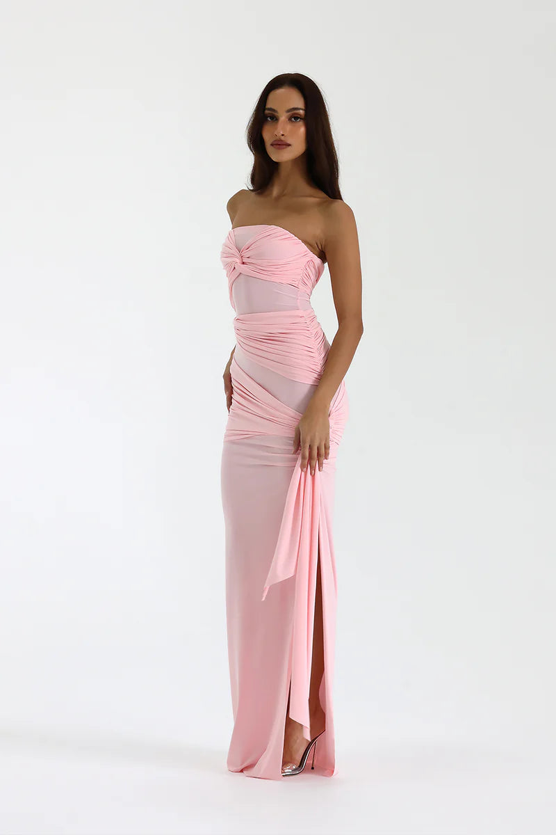 Natalie Rolt Blossom Pink Dress Miranda Gown. Size 1 (AU 8). Strapless silhouette with a knot detailing, leg side slit, ruching and elongated adjustable ties. Australia-wide Express Delivery, or local Perth pick-up. 