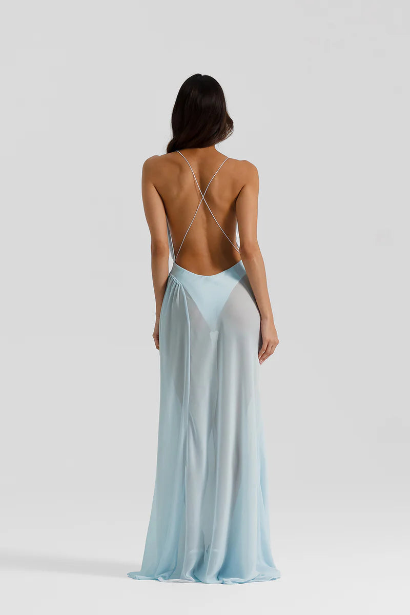 Sheer Natalie Rolt, asymmetrical Dress Hire Australia. Anges gown in Ice Blue. Sydney & Melbourne fast tracked delivery. Dress rentals, Australia-wide.