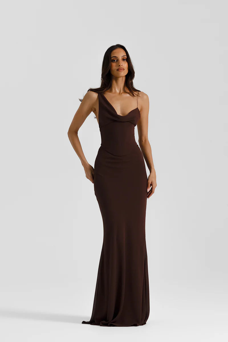Natalie Rolt Dress & Gown Hire Perth. Hallie Gown in Espresso - Hire Natalie Rolt's sold out newest arrival now!