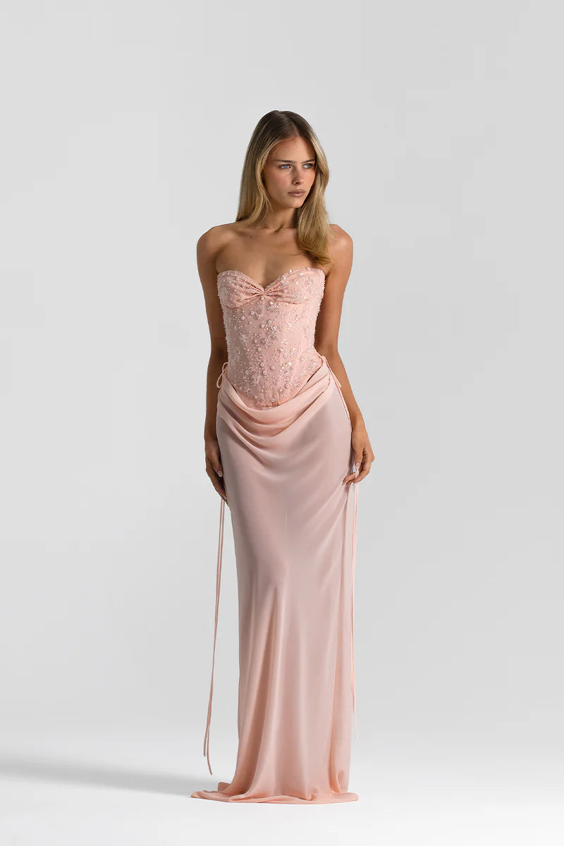 Natalie Rolt Verity Bustier with delicate Allira Skirt Full Set Hire in Baby Pink (or Blossom). Australia-wide express post available.