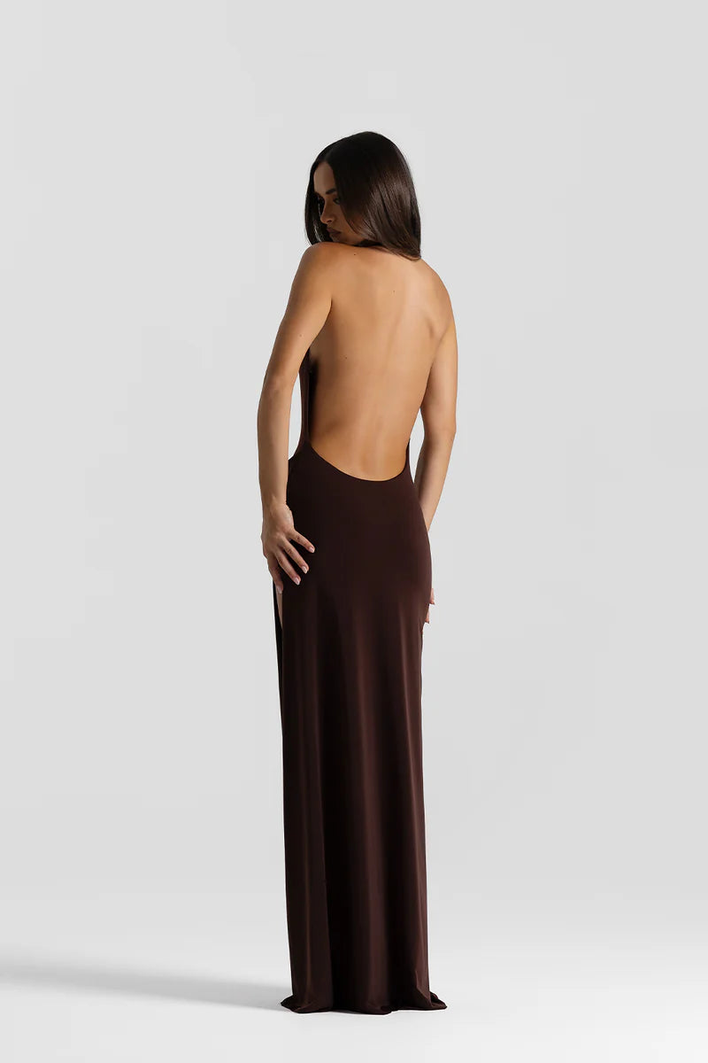 Back of Natalie Rolt Winona Gown in Espresso - Full open-back/backless, brown gown made with incredibly, soft jersey fabric. Available with Local Perth Dress Hire Collections or Express Delivery across Australia.