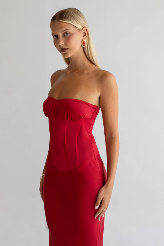 Close up - front, side image of HNTR (Hunter) the Label Ashton Gown. Faux-corset in a deep red shade. Express delivery & easy returns available - Melbourne, Gold Coast, Brisbane & Sydney!