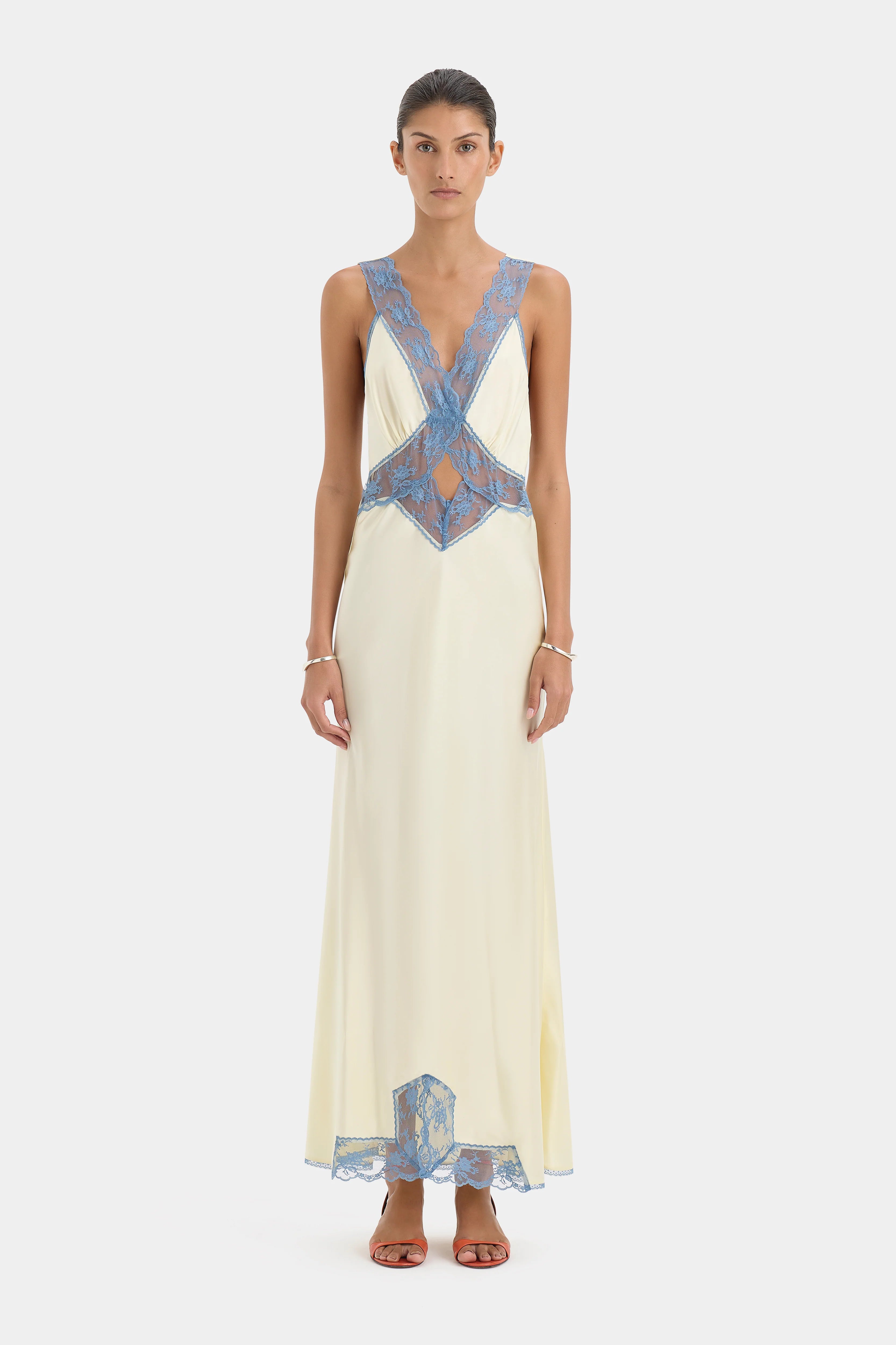 SIR. Aries Cut Out Gown Hire in Butter. 100% silk maxi-length dress featuring contrasting blue floral trim. Express Delivery & Easy Returns Australia-wide.